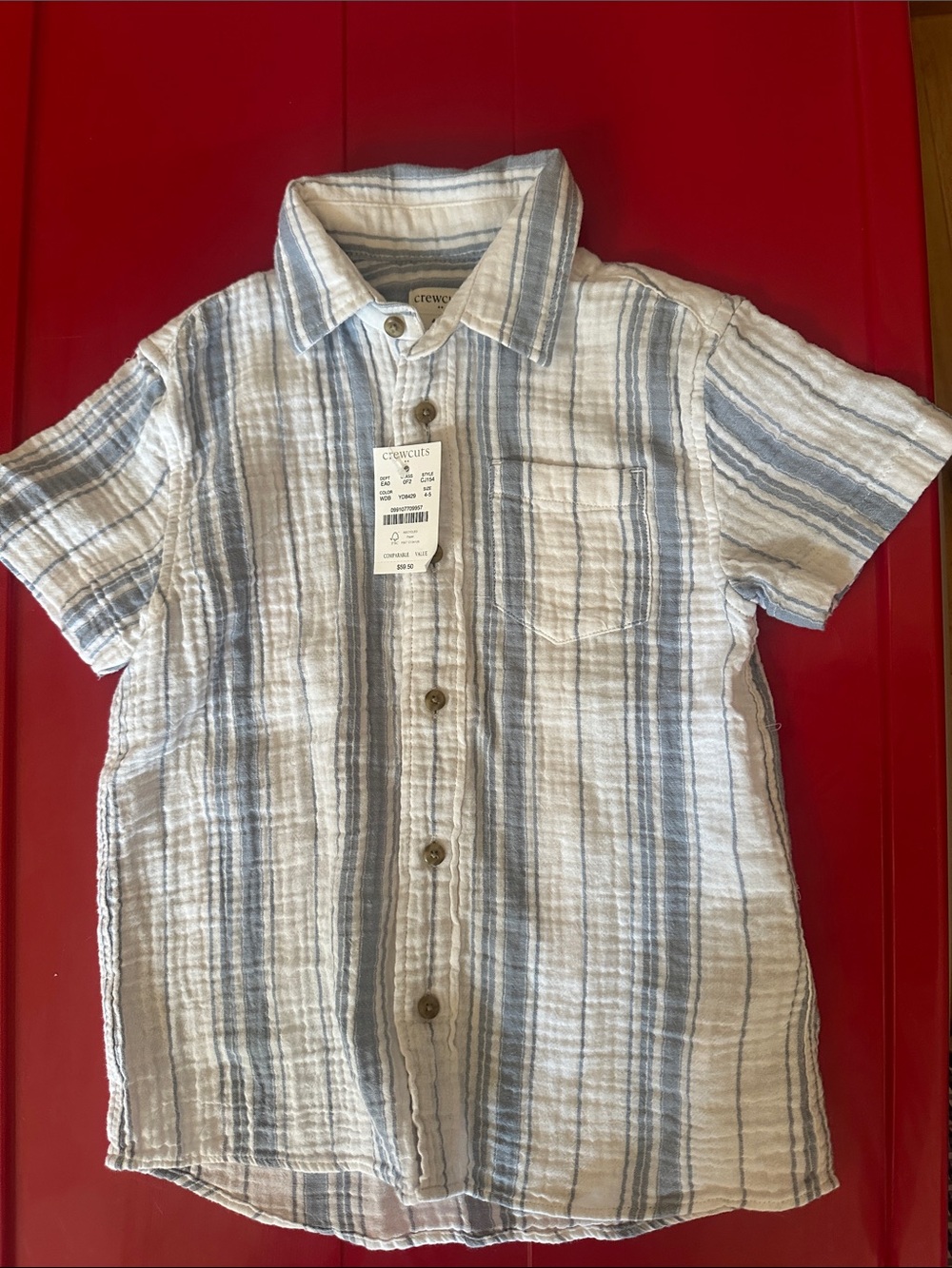 Crewcuts White & Blue Striped gauze  Short-Sleeve Button-Down Shirt.4/5- NWT